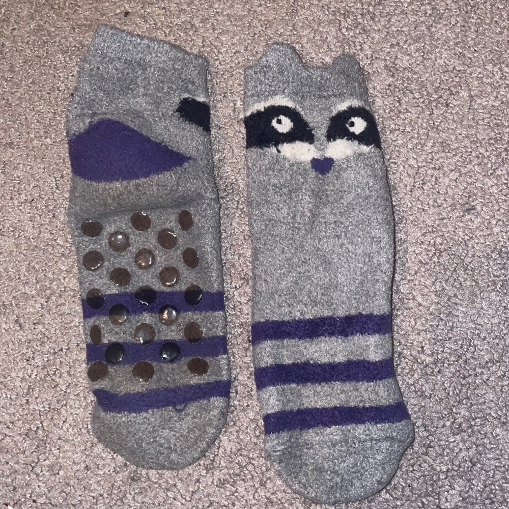 Raccoon socks with grips on bottom